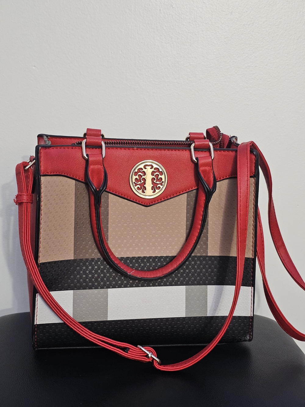 Red Crossbody Satchel with Signature Medallion